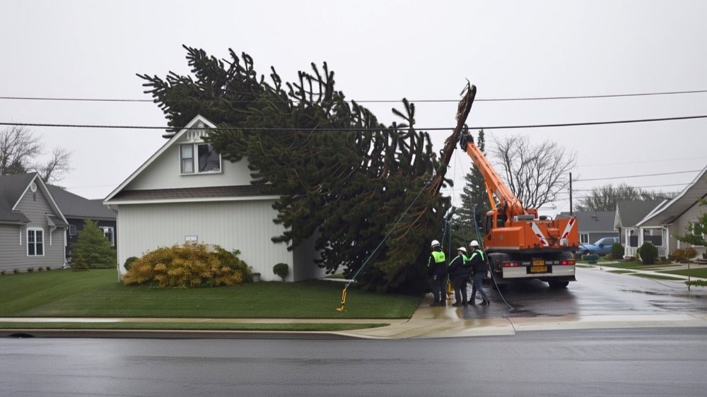 Storm-damaged tree being sectioned off a roof