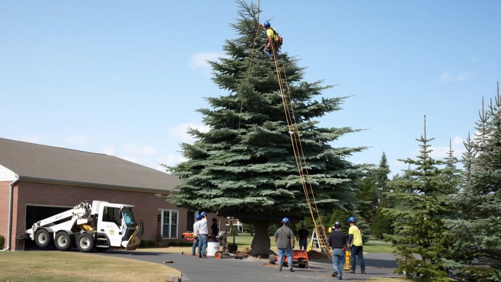 Climber taking down a large pine in sections